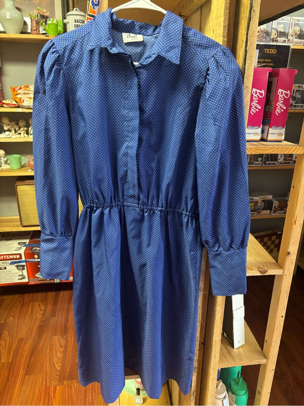 Vintage Blue Polka Dot Button-Front Dress estimated medium granny, cottage core